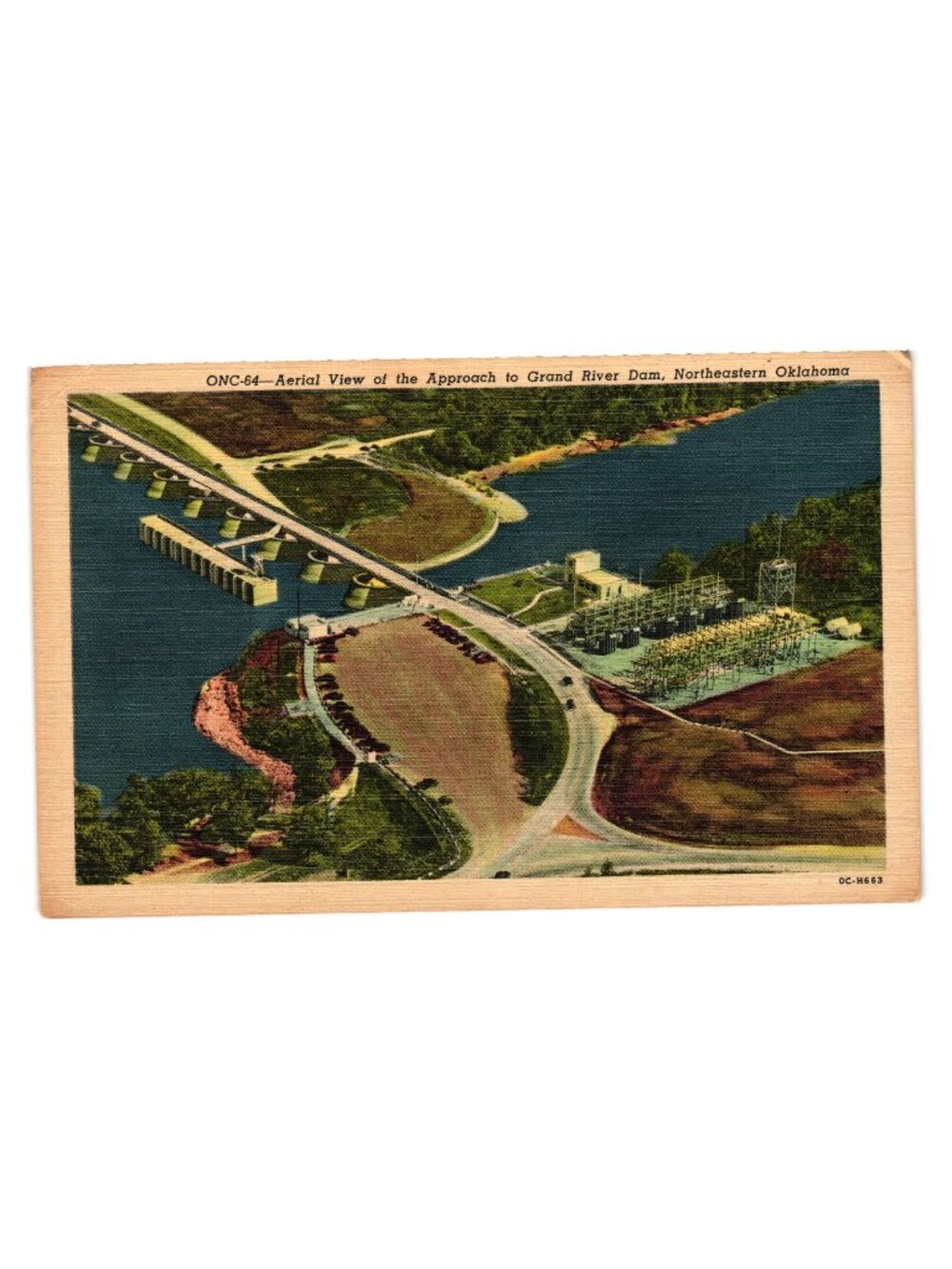 Grand River Dam Oklahoma Vintage Linen Postcard Aerial View Historical